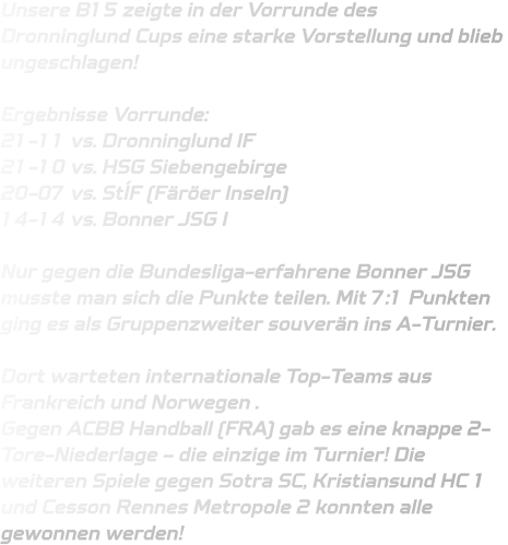 Unsere B15 zeigte in der Vorrunde des Dronninglund Cups eine starke Vorstellung und blieb ungeschlagen!  Ergebnisse Vorrunde: 21-11 vs. Dronninglund IF 21-10 vs. HSG Siebengebirge 20-07 vs. StÍF (Färöer Inseln) 14-14 vs. Bonner JSG I  Nur gegen die Bundesliga-erfahrene Bonner JSG musste man sich die Punkte teilen. Mit 7:1 Punkten ging es als Gruppenzweiter souverän ins A-Turnier.  Dort warteten internationale Top-Teams aus Frankreich und Norwegen . Gegen ACBB Handball (FRA) gab es eine knappe 2-Tore-Niederlage – die einzige im Turnier! Die weiteren Spiele gegen Sotra SC, Kristiansund HC 1 und Cesson Rennes Metropole 2 konnten alle gewonnen werden!
