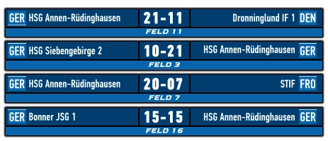 FELD 11 GER DEN HSG Annen-Rüdinghausen Dronninglund IF 1 21-11    FELD 3 GER GER HSG Siebengebirge 2 HSG Annen-Rüdinghausen  10-21    FELD 7 GER FRO HSG Annen-Rüdinghausen STIF 20-07    FELD 16 GER GER Bonner JSG 1		 HSG Annen-Rüdinghausen 15-15